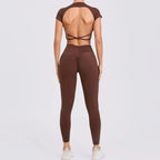 Cross Backless Sporty Set Women 2 Piece Sportswear Short Sleeve Training Suit for Fitness Yoga Wear Female Gym Workout Clothes
